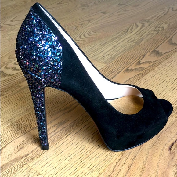 Black suede sparkle Christmas peeptoe platform women high heel stiletto dress - Picture 1 of 11